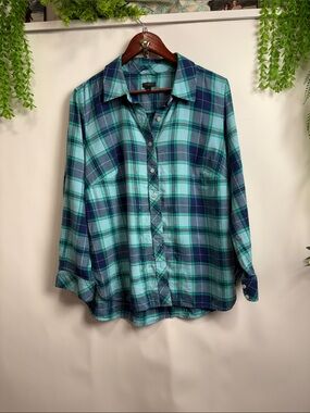 Talbots Teal and Navy Plaid Button-Down Shirt
